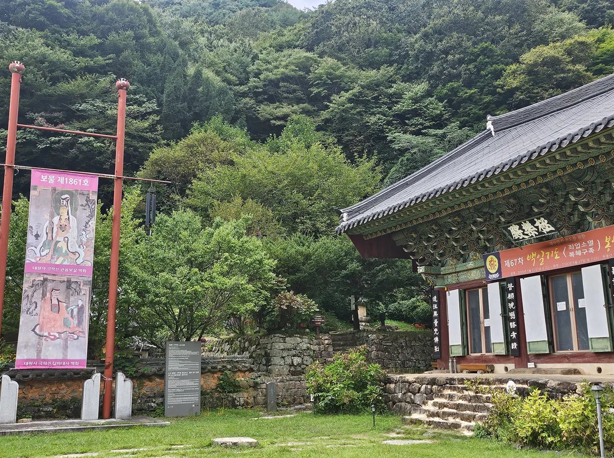 대원사 극락전과 보물 제1861호 벽화 안내 현수막